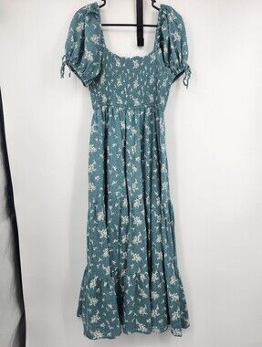 AND NOW THIS  Teal Floral Smocked Maxi Dress Puff Sleeve Boho Cottagecore Sz M